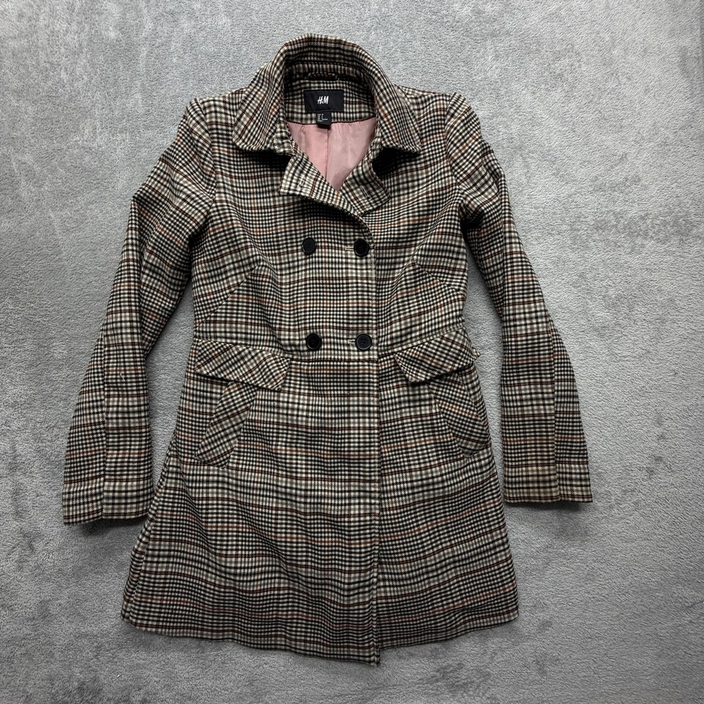 H&M Pea Coat Womens 6 Brown‎ Plaid Tweed Double Breasted Lined Pockets Classic